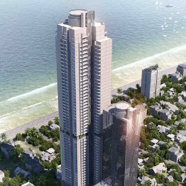 High-angle view of a building by the sea